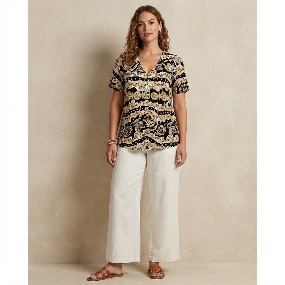 Rabbit Rabbit Rabbit Tropical Print Blouse Shell Buttons Black Tan Size 12